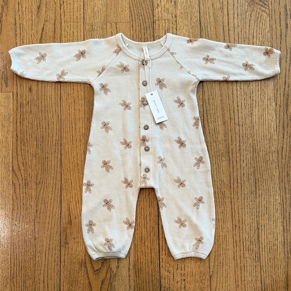 NWT Quincy Mae Waffle Long Sleeve Cream Jumpsuit with Gingerbread Sz 3-6 months - Picture 4 of 5